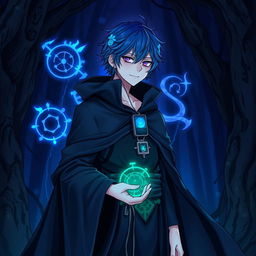 A detailed illustration of Makoto Yuki as a necromancer, wearing dark, mystical robes while listening to his iPod