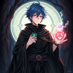 A detailed illustration of Makoto Yuki as a necromancer, wearing dark, mystical robes while listening to his iPod