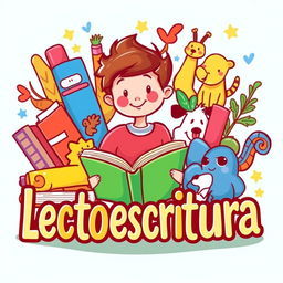 Una ilustración colorida que presenta libros, letras, animales y un niño