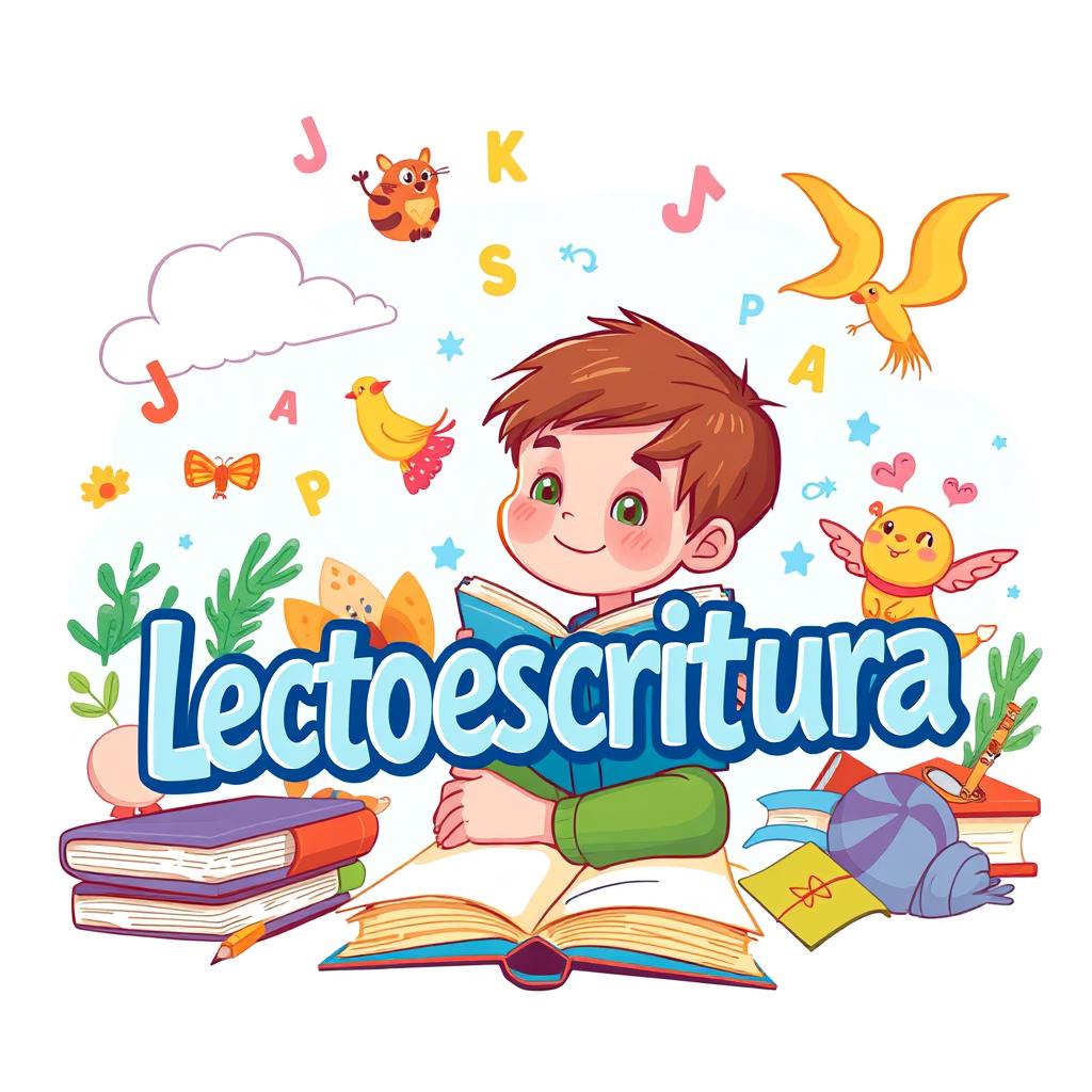 Una ilustración colorida que presenta libros, letras, animales y un niño