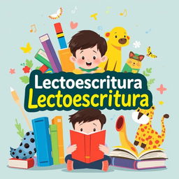 Una ilustración colorida que presenta libros, letras, animales y un niño