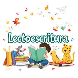 Una ilustración colorida que presenta libros, letras, animales y un niño