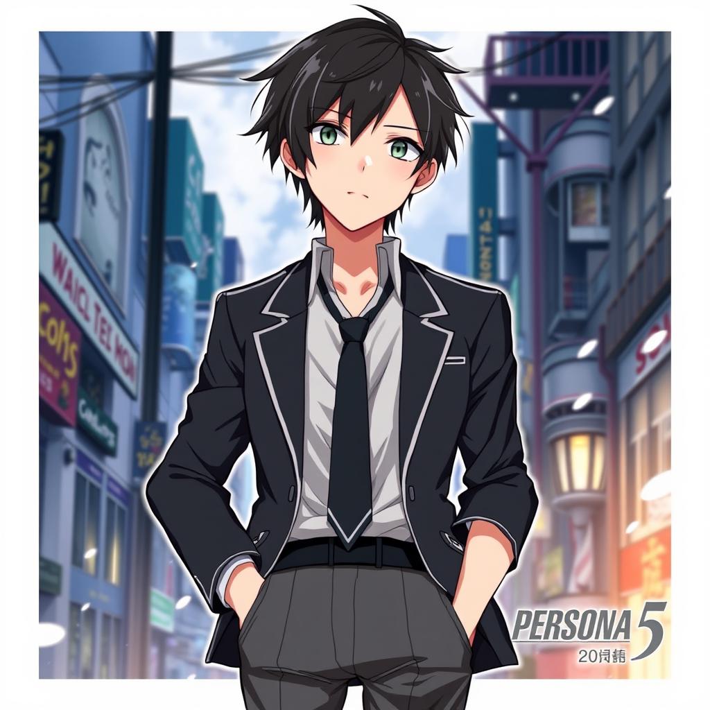 A detailed illustration of Ren Amamiya, the protagonist from Persona 5, standing confidently in his school uniform