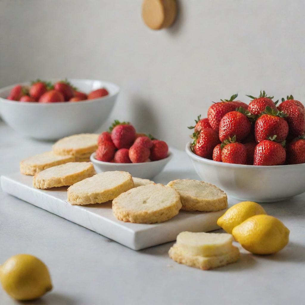 Whole and sliced lemons and strawberries on a nicely lit counter, with butter biscuits lying next to them.