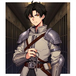 A detailed illustration of Ren Amamiya as a prison warden, wearing light armor