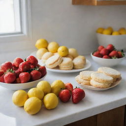 Whole and sliced lemons and strawberries on a nicely lit counter, with butter biscuits lying next to them.