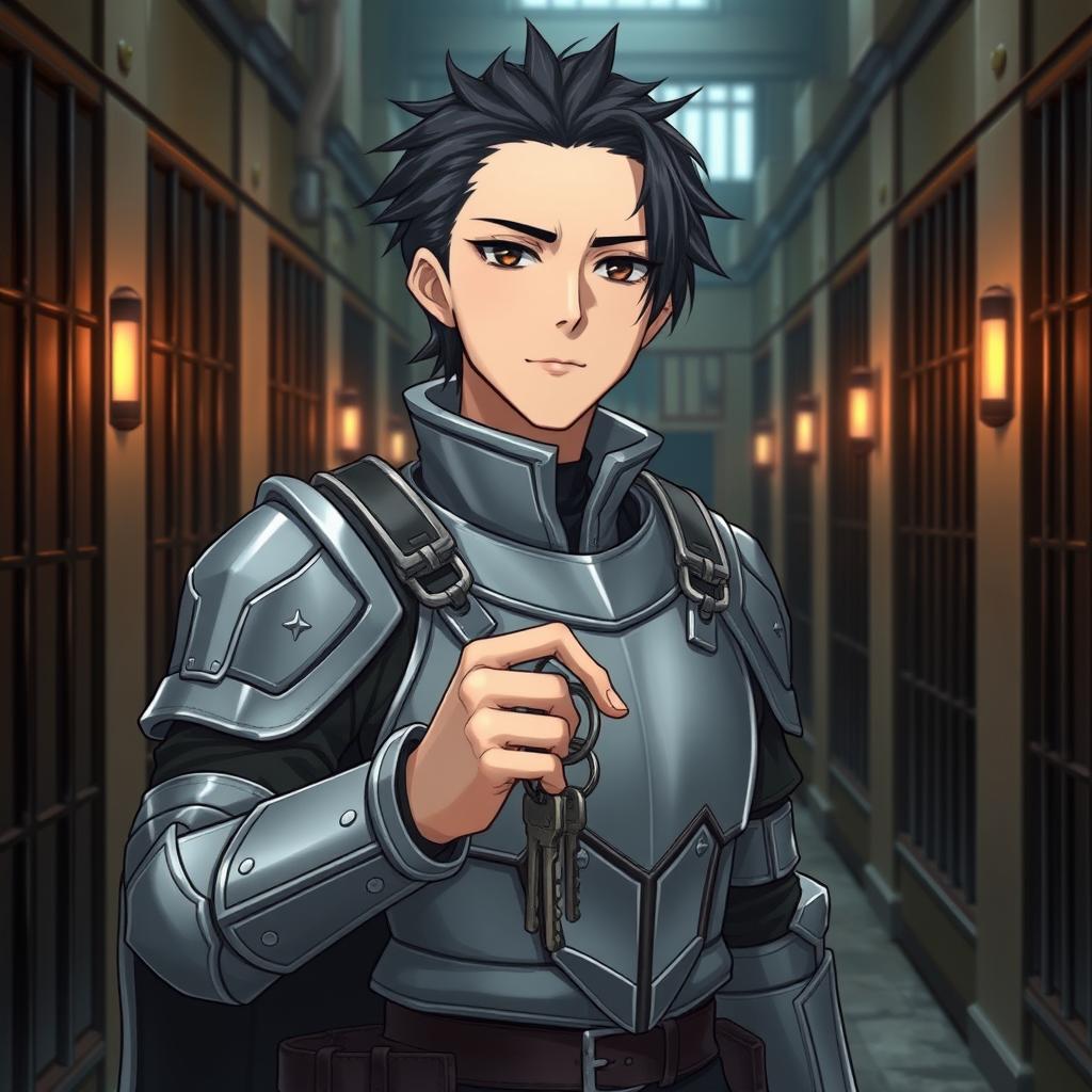 A detailed illustration of Ren Amamiya as a prison warden, wearing light armor