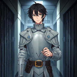 A detailed illustration of Ren Amamiya as a prison warden, wearing light armor