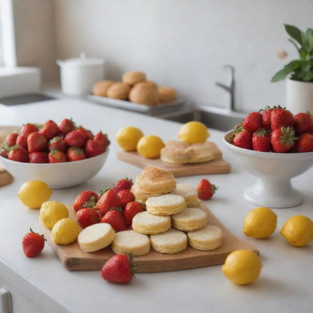 Whole and sliced lemons and strawberries on a nicely lit counter, with butter biscuits lying next to them.