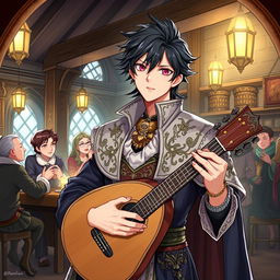 A detailed illustration of Ren Amamiya as a bard, wearing a stylish and intricate bard's outfit