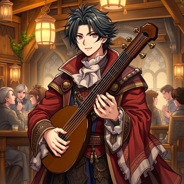 A detailed illustration of Ren Amamiya as a bard, wearing a stylish and intricate bard's outfit