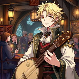 A detailed illustration of Ren Amamiya as a bard, wearing a stylish and intricate bard's outfit