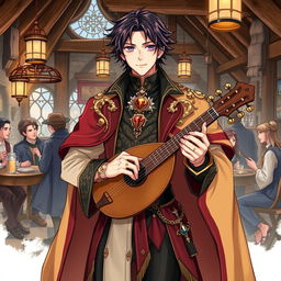 A detailed illustration of Ren Amamiya as a bard, wearing a stylish and intricate bard's outfit