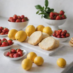 Whole and sliced lemons and strawberries on a nicely lit counter, with butter biscuits lying next to them.