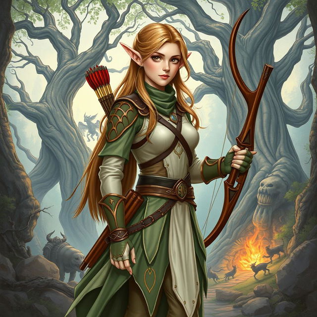 A detailed illustration of a female elf adventurer setting out on an epic quest