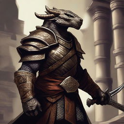 A detailed close-up illustration of a Dragonborn adventurer on a quest