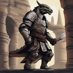 A detailed close-up illustration of a Dragonborn adventurer on a quest