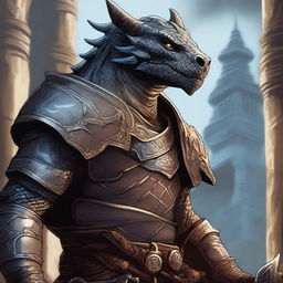 A detailed close-up illustration of a Dragonborn adventurer on a quest