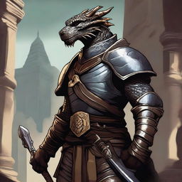 A detailed close-up illustration of a Dragonborn adventurer on a quest