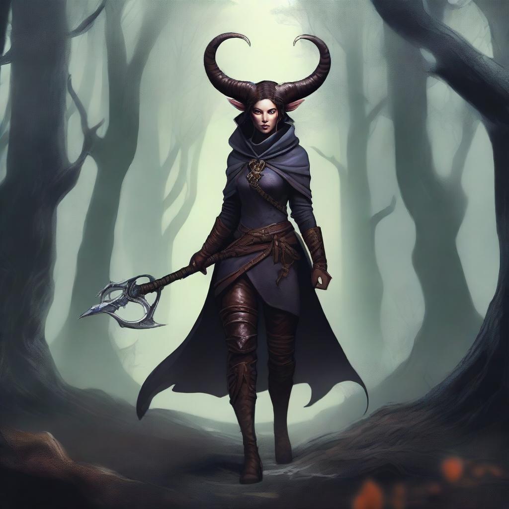 A captivating illustration of a female Tiefling adventurer embarking on a quest