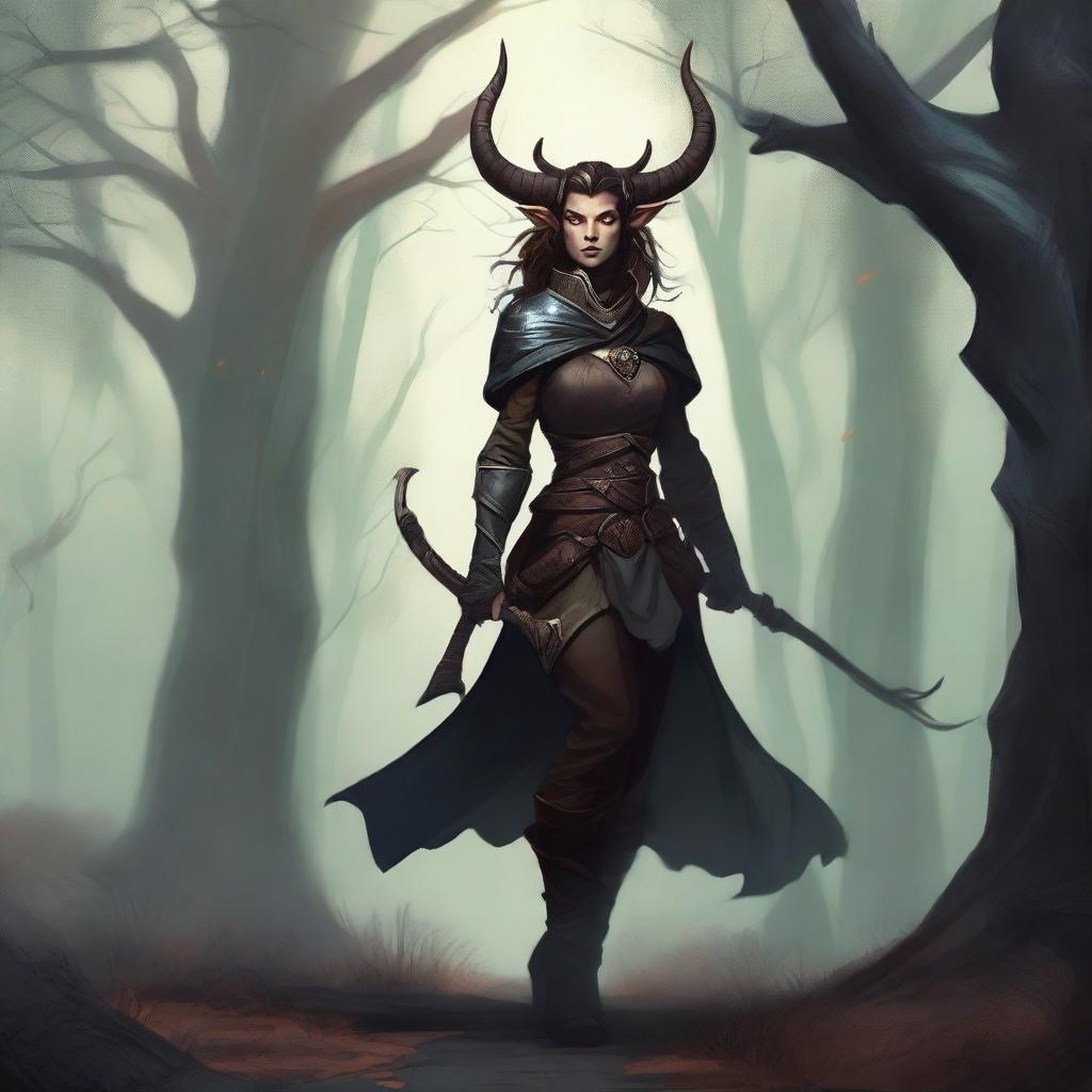 A captivating illustration of a female Tiefling adventurer embarking on a quest