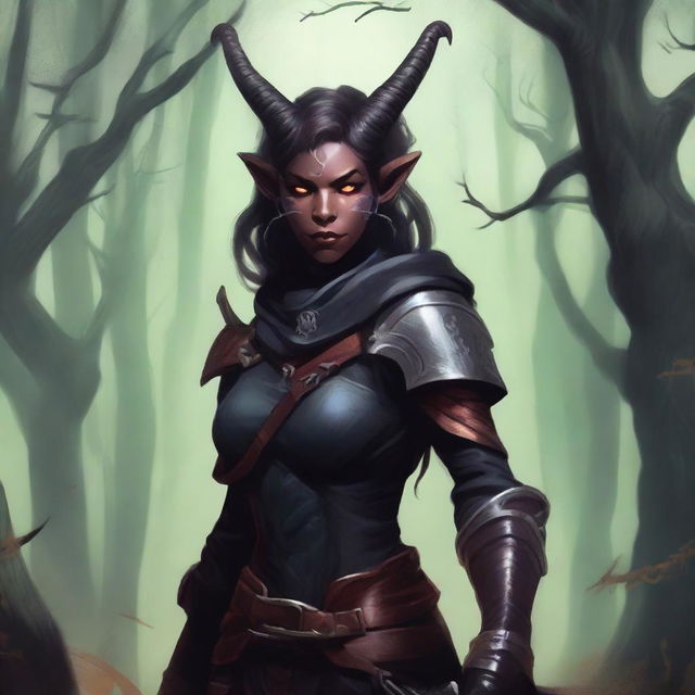 A close-up illustration of a female Tiefling adventurer