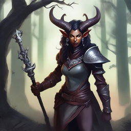 A close-up illustration of a female Tiefling adventurer