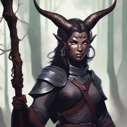 A close-up illustration of a female Tiefling adventurer