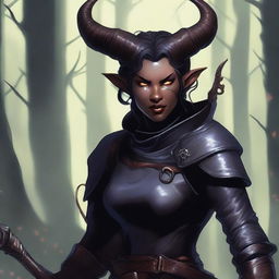 A close-up illustration of a female Tiefling adventurer