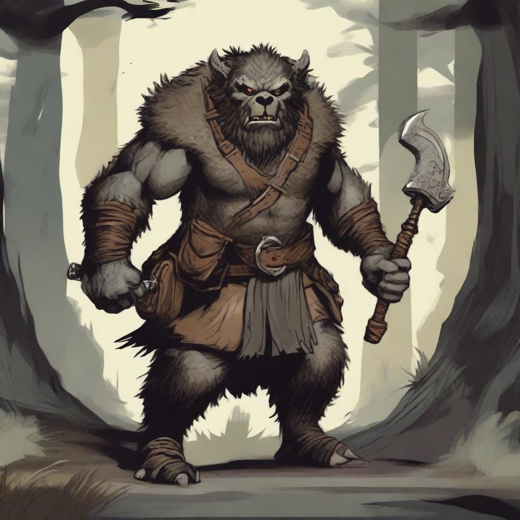 A detailed illustration of a bugbear adventurer embarking on a daring quest