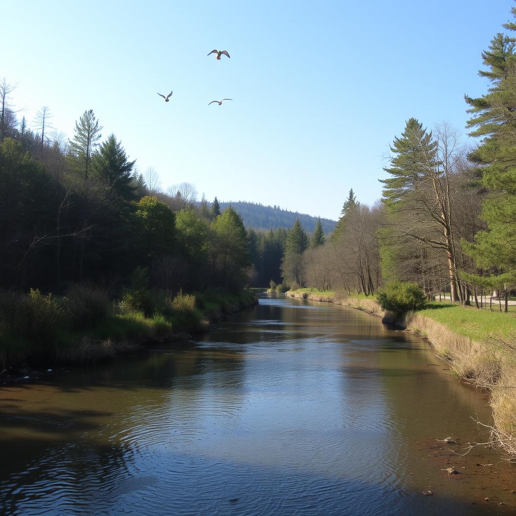 A serene landscape featuring a calm river flowing through a lush forest with birds chirping and a clear blue sky overhead