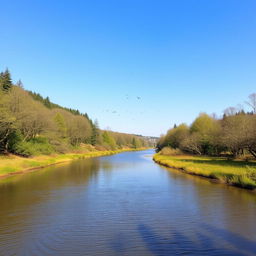 A serene landscape featuring a calm river flowing through a lush forest with birds chirping and a clear blue sky overhead