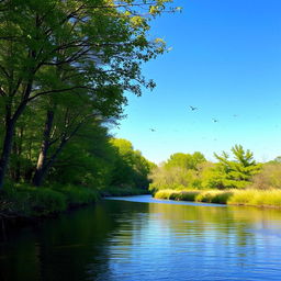 A serene landscape featuring a calm river flowing through a lush forest with birds chirping and a clear blue sky overhead