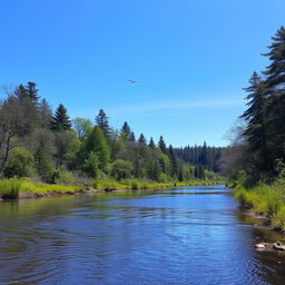 A serene landscape featuring a calm river flowing through a lush forest with birds chirping and a clear blue sky overhead