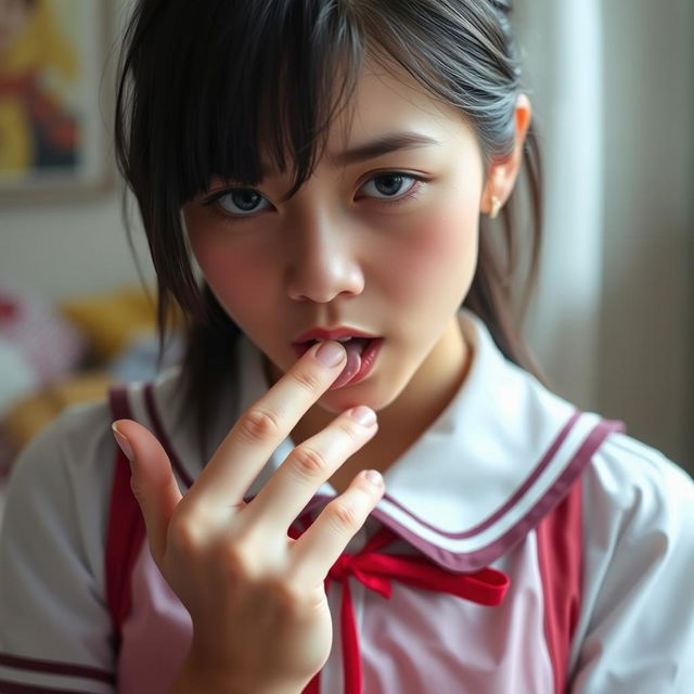 A woman about 17 years old dressed in a schoolgirl outfit, licking the fingers of her left hand