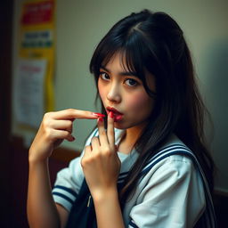 A woman about 17 years old dressed in a schoolgirl outfit, licking the fingers of her left hand