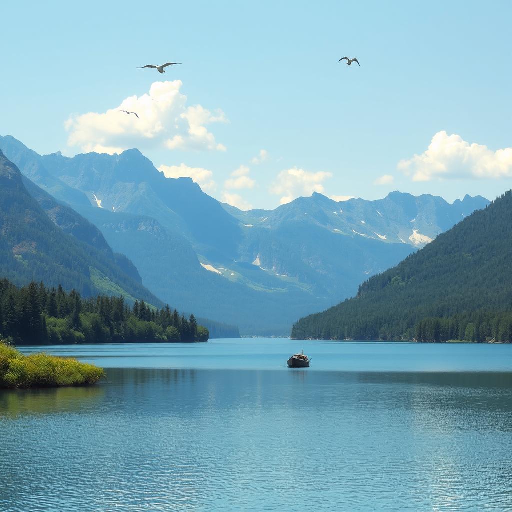 A serene landscape featuring a calm lake surrounded by lush greenery and tall mountains in the background