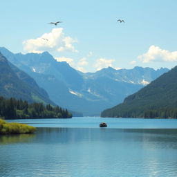 A serene landscape featuring a calm lake surrounded by lush greenery and tall mountains in the background