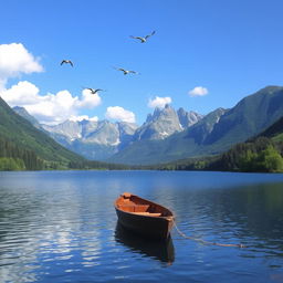 A serene landscape featuring a calm lake surrounded by lush greenery and tall mountains in the background