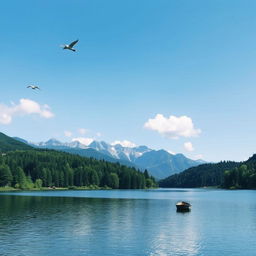 A serene landscape featuring a calm lake surrounded by lush greenery and tall mountains in the background