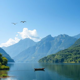 A serene landscape featuring a calm lake surrounded by lush greenery and tall mountains in the background