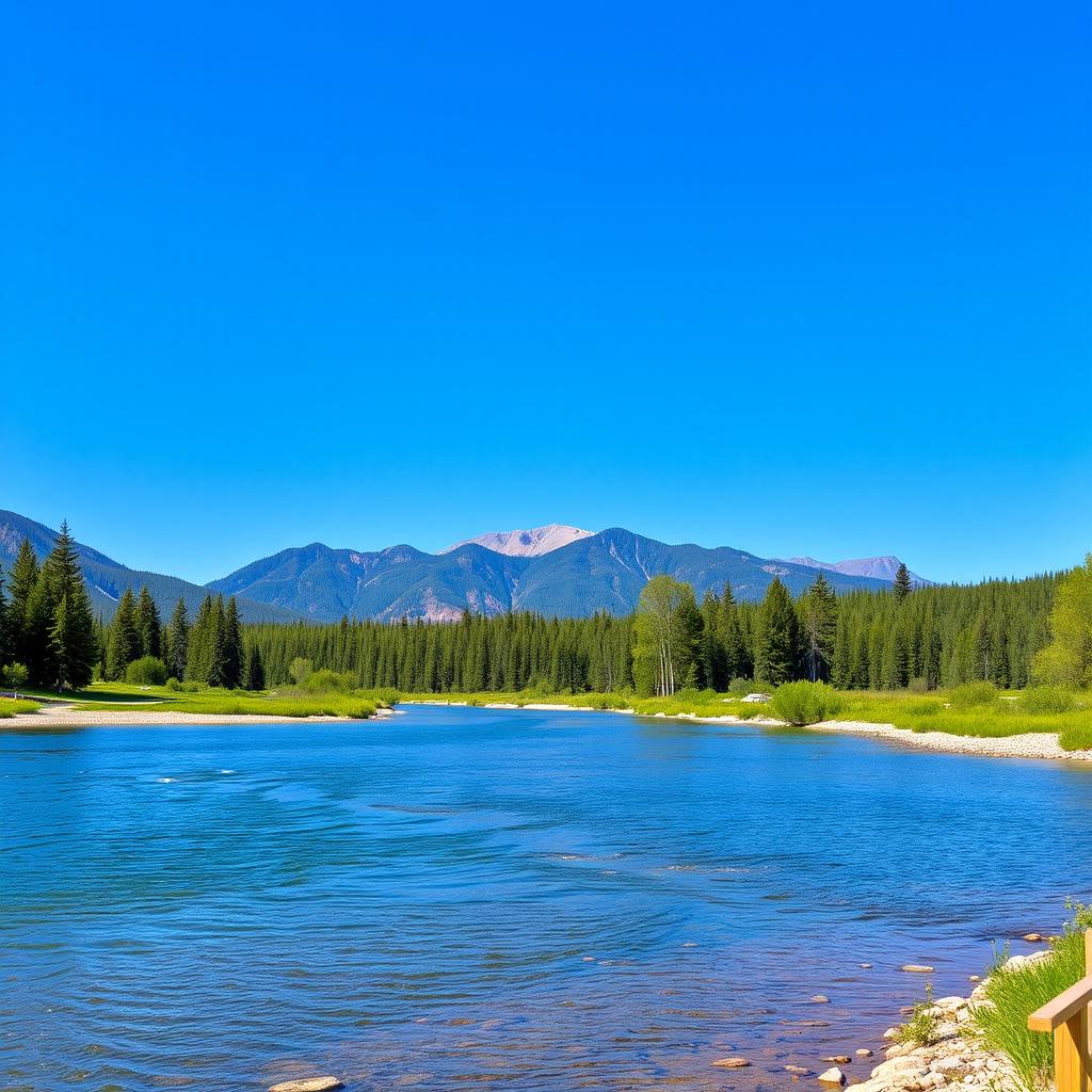 A serene landscape featuring a calm river flowing through a lush forest with mountains in the background and a clear blue sky