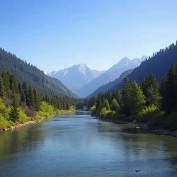 A serene landscape featuring a calm river flowing through a lush forest with mountains in the background and a clear blue sky