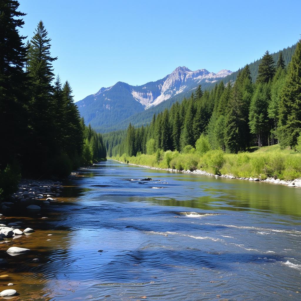 A serene landscape featuring a calm river flowing through a lush forest with mountains in the background and a clear blue sky