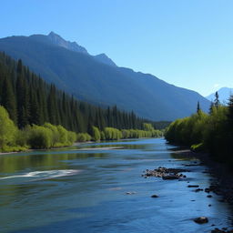 A serene landscape featuring a calm river flowing through a lush forest with mountains in the background and a clear blue sky