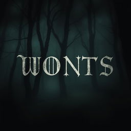 A mysterious book cover featuring dark, foggy woods with shadows lurking in the background