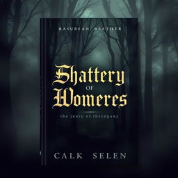 A mysterious book cover featuring dark, foggy woods with shadows lurking in the background