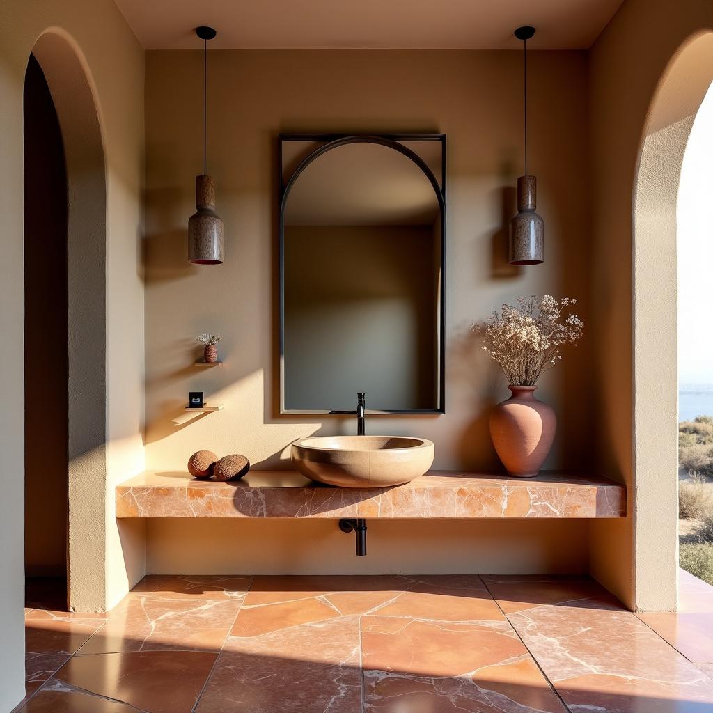 A high-definition architectural photograph of a bathroom with a sandstone wall, stone basin, mirror, clay vase with dried flowers, terracotta marble floor, and ambient light from a large window