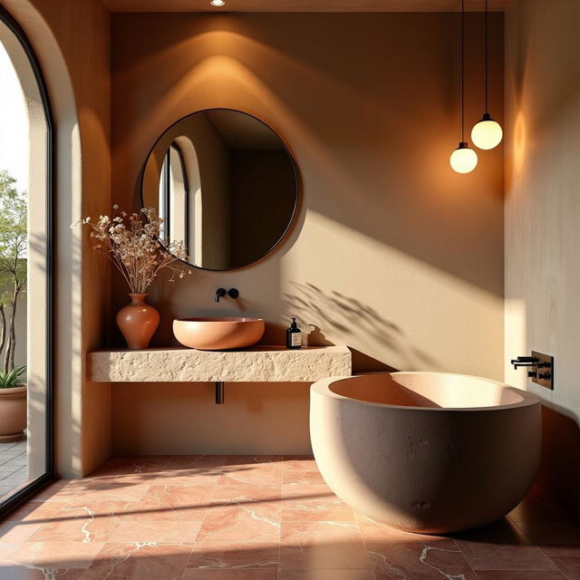 A high-definition architectural photograph of a bathroom with a sandstone wall, stone basin, mirror, clay vase with dried flowers, terracotta marble floor, ambient light from a large window, and pendant lights creating a soft glow on the sandstone wall