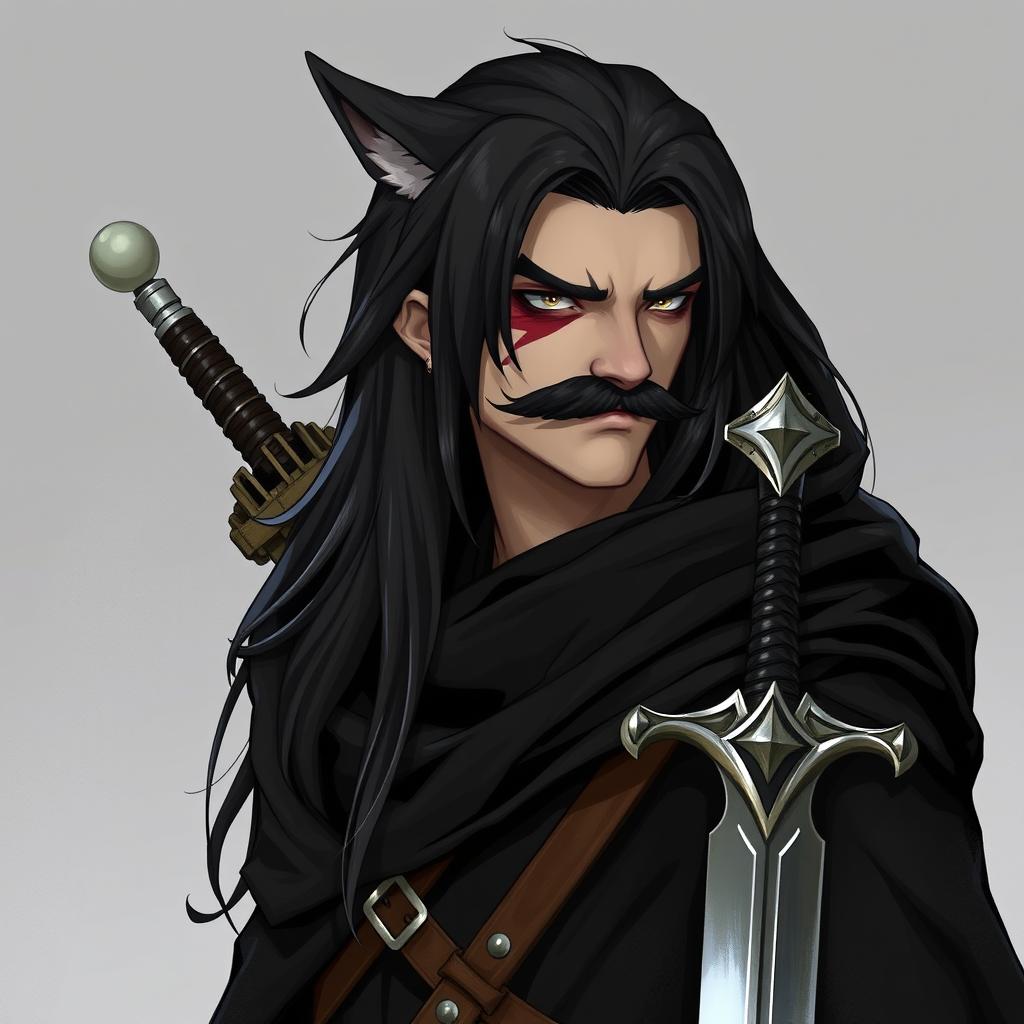 A character with long black hair, a big mustache covering his lips, and a big scar on the left side of his face from his eyebrow to his chin